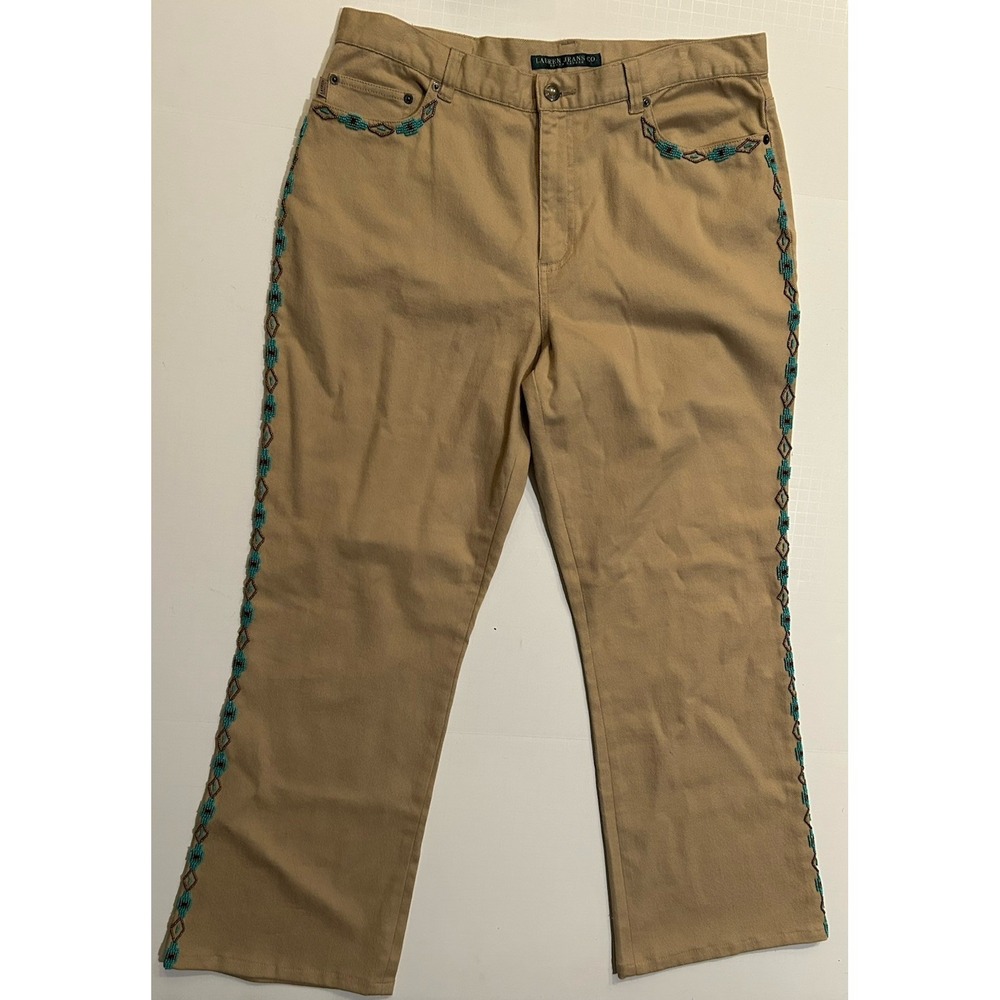 VTG Ralph Lauren LRL Khaki Tan Aztec Beaded Bootcut Jeans Boho Sz 14 Y2K